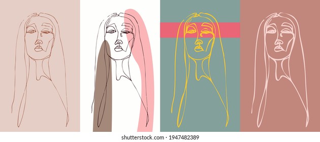 Women's faces in one line art style with flowers.Continuous line art in elegant style for prints, tattoos, posters, textile, cards. Beautiful women face portrait pattern