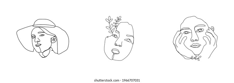 Women's faces in one line art style with flowers and leaves.Continuous line art in elegant style for prints, tattoos, posters, textile, cards etc. Beautiful women face Vector illustration