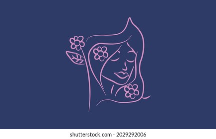 Women's faces in one line art style with flowers and leaves.Continuous line art in elegant style for prints, tattoos, posters, textile, cards etc. Beautiful women face Vector illustration