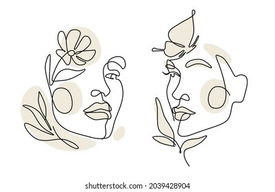 Womens faces one line art with leaves vector. Continuous style