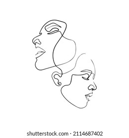 Women's Faces In One Line Art Style With Flowers And Leaves.Continuous Line Art In Minimalistic Style For Prints, Tattoos, Posters, Textile,  Etc. Beautiful Female Fashion Face Vector Illustration