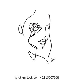 Women's faces in one line art style with flowers and leaves.Continuous line art in minimalistic style for prints, tattoos, posters, textile etc. Beautiful female fashion face Vector illustration