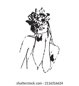 Women's faces in one line art style with flowers and leaves.Continuous line art in minimalistic style for prints, tattoos, posters, textile etc. Beautiful female fashion face Vector illustration