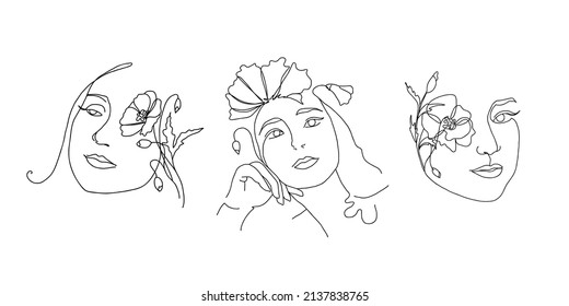 Women's faces in one line art style with flowers .Continuous line art in elegant style for prints, tattoos, posters, textile, cards etc. Beautiful women face Vector illustration.