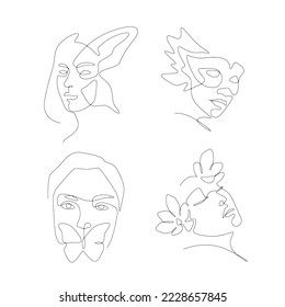 Women's faces in one line art style with flower. continuous line concept.