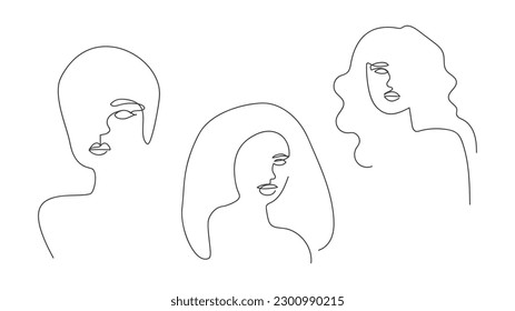 Women's faces in one line art style.Continuous line, Vector illustration