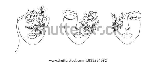 Women\'s\
faces in one line art style with flowers and leaves.Continuous line\
art in elegant style for prints, tattoos, posters, textile, cards\
etc. Beautiful women face Vector\
illustration