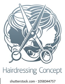 Womens faces and scissors abstract hair salon stylist hairdresser concept 