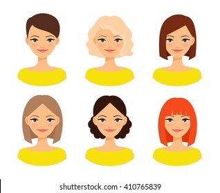 Womens faces. Woman with different hair color and different hairstyles vector illustration