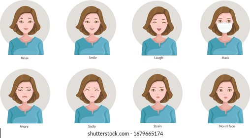 Women's facial expressions. Emotional set. Normal face, relax, smile, laugh, mask, strain, sadly and
Angry. Cartoon vector illustration
Isolated on a white background.