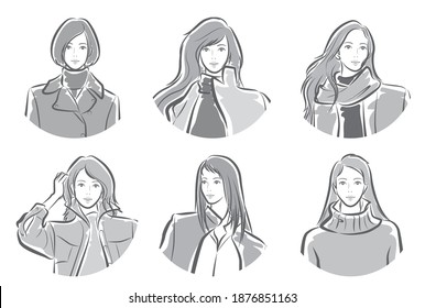 Women's facial expressions and fashion illustrations.