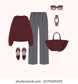 Women's Fall-Winter fashion set with knitted jumper, pleated pants, sneakers, wristwatch, sunglasses and top handle big bag. Trendy mini capsule collection of casual clothing. Flat vector illustration