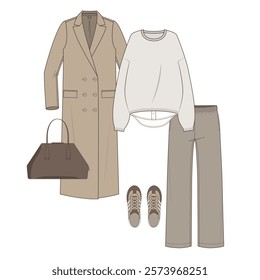 Women's Fall-Winter fashion set with long double breasted coat, knitted jumper, elastic waist pants, sneakers and hand bag. Trendy mini capsule collection of casual clothing. Flat vector illustration