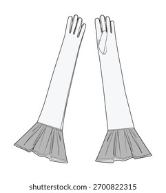 Women's fancy gloves technical flat drawing vector mockup illustration.