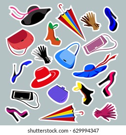 Women's fashion accessories,hats,shoes and gloves, drawn in a flat style.Vector illustration.