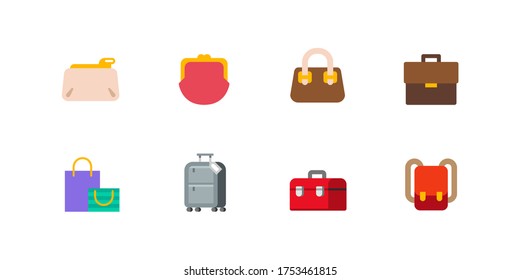 Women's fashion bags set. Isolated bags, backpack, travel luggage, suitcase, shopping bag vector icons collection