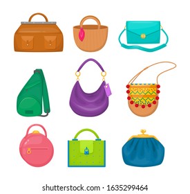 Women's fashion bags set. Lady accessories vintage bag clutch, hobo, tablet, hippie, sling bag, sports, backpack for shopping, resting, travel vector flat illustration