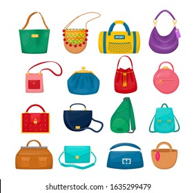 Women's fashion bags set. Lady accessories vintage bag clutch, hobo, tablet, hippie, sling bag, sports, backpack for shopping, resting, travel vector flat illustration