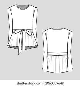 Womens Fashion Belted peplum top Puff Sleeve crew neck knotted gathering ruffles Flat Sketch Technical Drawing Vector Design