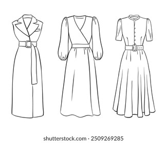 Colección de ropa de moda para mujer. Vector dibujado a mano ilustraciones de hermosos vestidos. Bocetos del vestido de la moda, aislados en un fondo blanco.