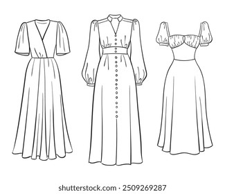 Women's fashion clothing collection. Vector hand-drawn illustrations of beautiful dresses. Fashion dress sketches, isolated on a white background.