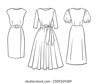 Women's fashion clothing collection. Vector hand-drawn illustrations of beautiful dresses. Fashion dress sketches, isolated on a white background.