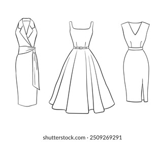 Women's fashion clothing collection. Vector hand-drawn illustrations of beautiful dresses. Fashion dress sketches, isolated on a white background.