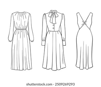 Women's fashion clothing collection. Vector hand-drawn illustrations of beautiful dresses. Fashion dress sketches, isolated on a white background.