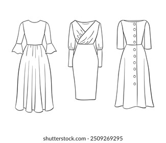 Women's fashion clothing collection. Vector hand-drawn illustrations of beautiful dresses. Fashion dress sketches, isolated on a white background.