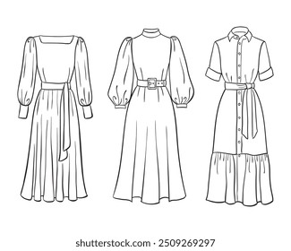 Women's fashion clothing collection. Vector hand-drawn illustrations of beautiful dresses. Fashion dress sketches, isolated on a white background.