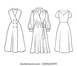 Women's fashion clothing collection. Vector hand-drawn illustrations of beautiful dresses. Fashion dress sketches, isolated on a white background.