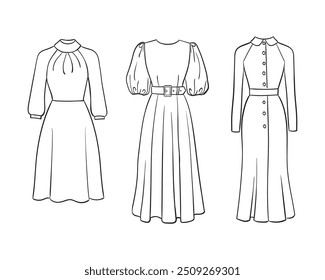 Women's fashion clothing collection. Vector hand-drawn illustrations of beautiful dresses. Fashion dress sketches, isolated on a white background.