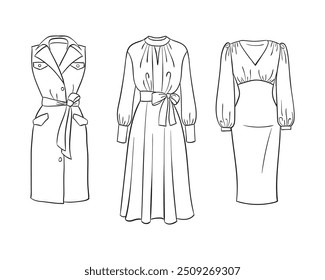 Women's fashion clothing collection. Vector hand-drawn illustrations of beautiful dresses. Fashion dress sketches, isolated on a white background.