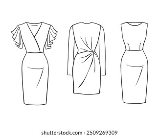 Women's fashion clothing collection. Vector hand-drawn illustrations of beautiful dresses. Fashion dress sketches, isolated on a white background.