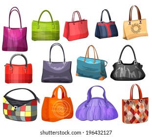 Women's fashion collection of bags. Set with different bags.