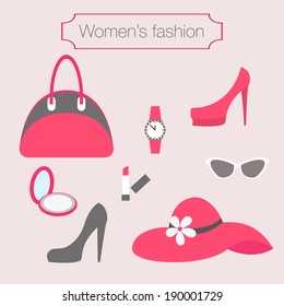 Women's fashion collection of pink accessories - vector illustration