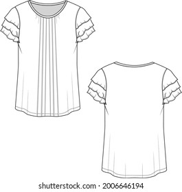 Womens Fashion Crew neck front pleated multi layered ruffles sleeve t-shirt top technical flat sketch drawing vector design