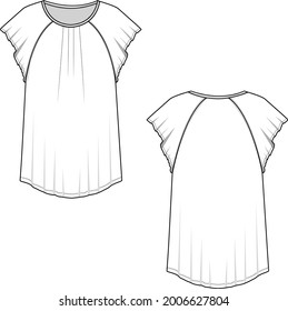 Womens Fashion Dolmen Sleeve  Crewneck Pleated Raglan  Top t-shirt Fashion Flat Sketch template design vector