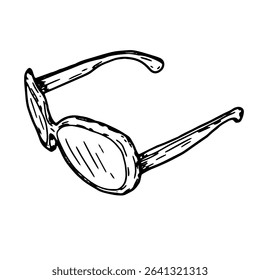 Women's fashion glasses, black and white ink sketch. Vector illustration. The sunglasses are patterned in a simple style, isolated on a white background. The theme of cosmetics, fashion and the beach