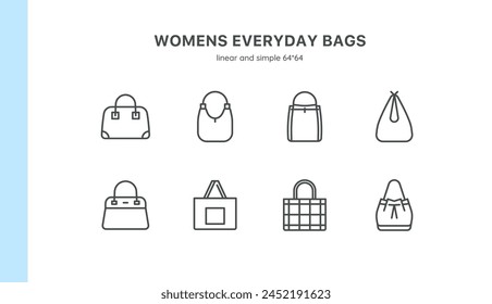 Women's Fashion Handbags Icon Set: Everyday Chic and Practical Styles. Features Tote, Hobo, Bucket, Shoulder, and Shopper Bags. Includes Wicker, Rattan, and Modern Drawstring Designs. Editable Stroke.