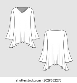 Womens fashion hem v neck blouse t shirt top flat sketches drawing templates design vector