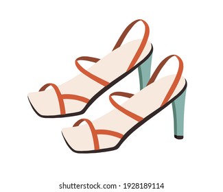 Women's Fashion High-heel Naked Sandals With Square Toe And Thin Straps. Trendy Fashionable Summer Footwear. Colored Flat Vector Illustration Of Stylish Shoes Isolated On White Background