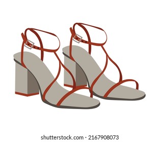 Women's Fashion High-heel Naked Sandals With Square Toe And Thin Straps. Trendy Fashionable Summer Footwear. Colored Flat Vector Illustration Of Stylish Shoes Isolated On White Background.