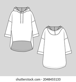 Womens fashion hoodie sweatshirt drop shoulder front bottom detail dip hem roll up sleeve flat sketch technical drawing template design vector