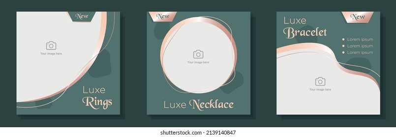 Women's fashion jewelry social media post, banner set, luxe jewelry shop advertisement concept, rings, necklace marketing square ad, abstract print, isolated on background.