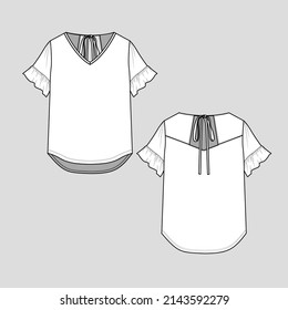 Womens fashion Knotted back detail Ruffle Sleeve top high  low dip hem  back knot detail  V Neck t shirt blouse  flat sketch technical drawing template design vector