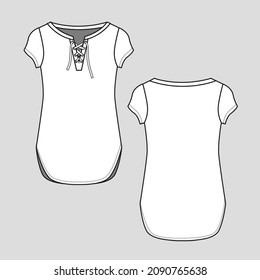 Womens Fashion lace up t shirt top blouse flat sketch technical drawing design vector template