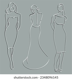 Women's fashion outline icons set. Various female line silhouettes, model, figure. Abstract image of a girl in a dress. Vector isolated illustration