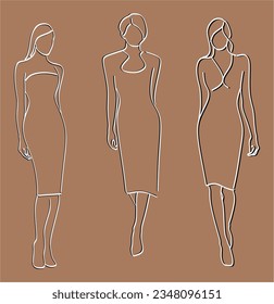 Women's fashion outline icons set. Various female line silhouettes, model, figure. Abstract image of a girl in a dress. Vector isolated illustration