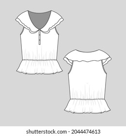 Womens Fashion Ruffle top waist Gathering button panel v neck T shirt top blouse  flat sketch mock up  technical drawing template design vector